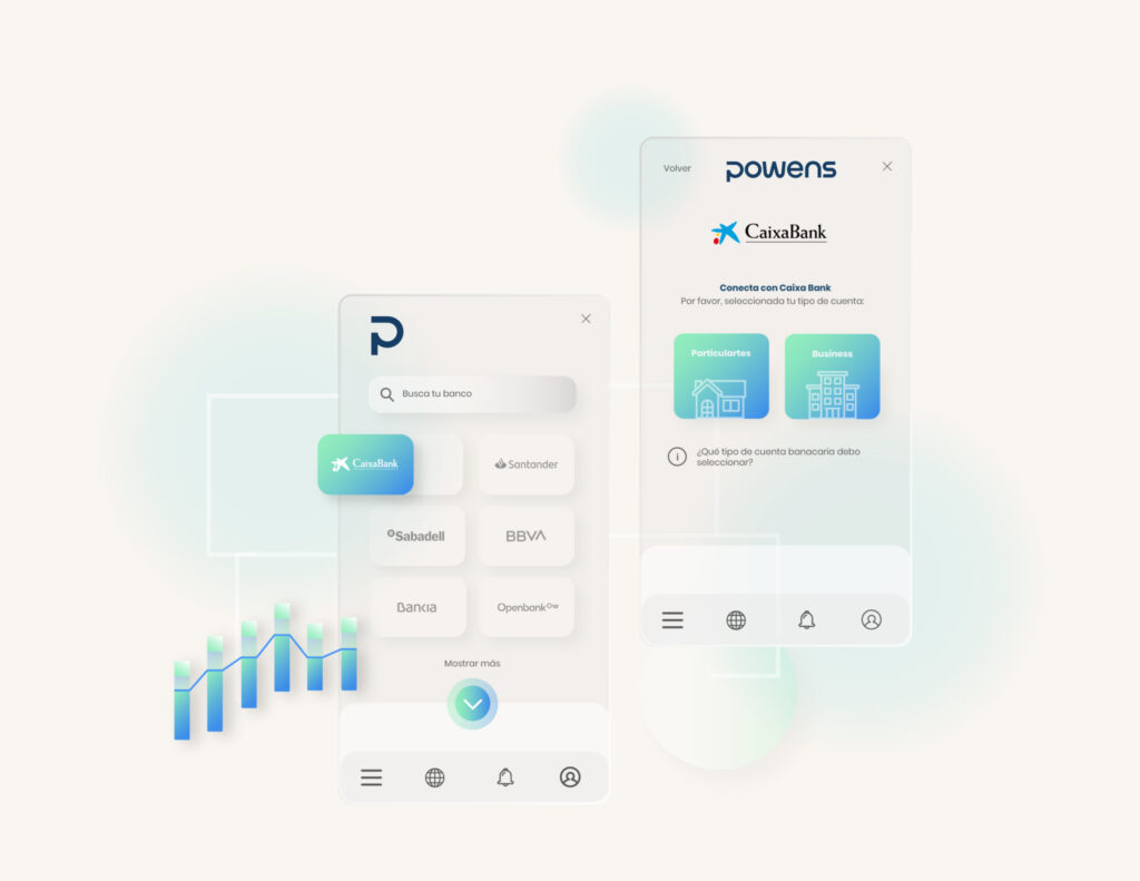 Ilustración de una interfaz de Open Banking donde el usuario selecciona su banco y autoriza el acceso a su cuenta para habilitar pagos recurrentes bajo PSD2.
