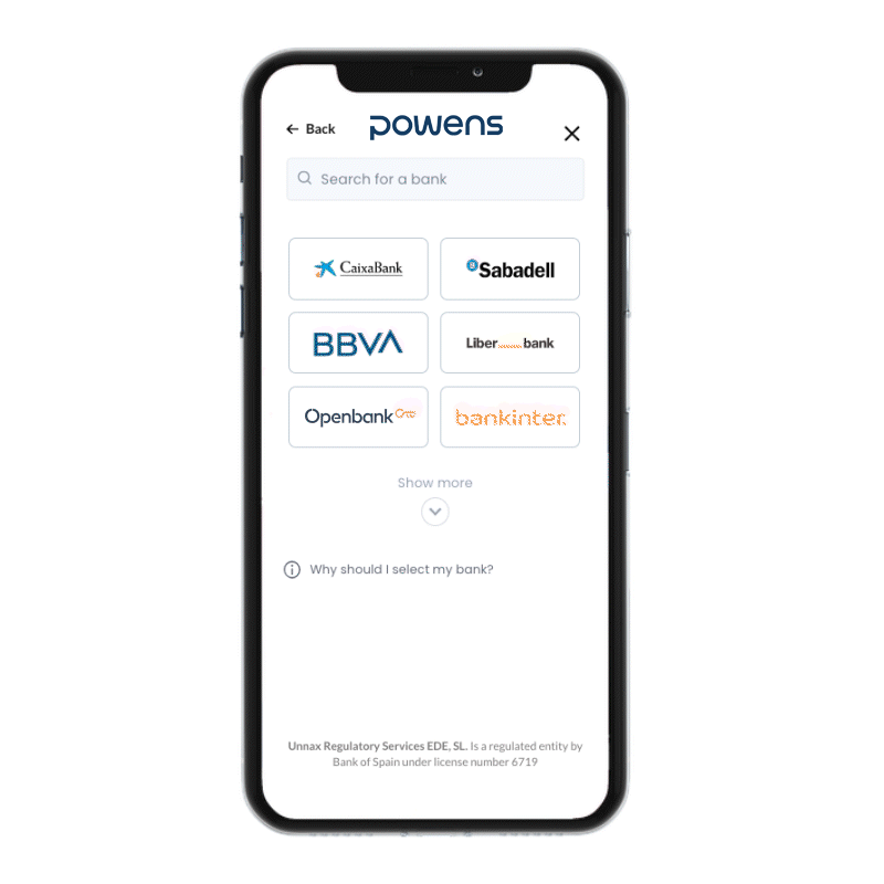 Animated demo showing a user selecting their bank in the Powens Open Banking interface to authorize account access for PSD2 recurring payments.