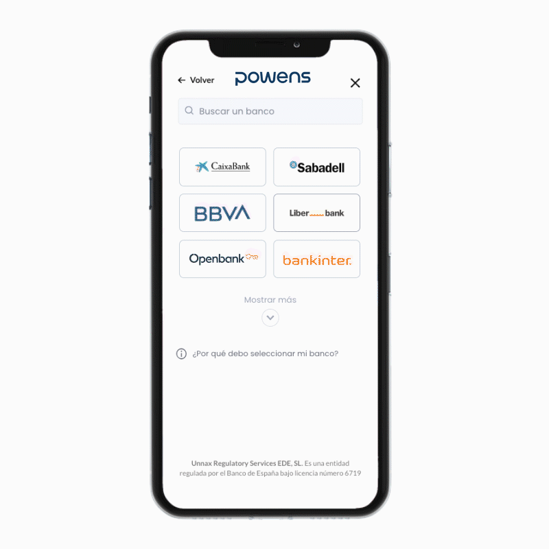 Animated demo showing a user selecting their bank in the Powens Open Banking interface to authorize account access for PSD2 recurring payments.